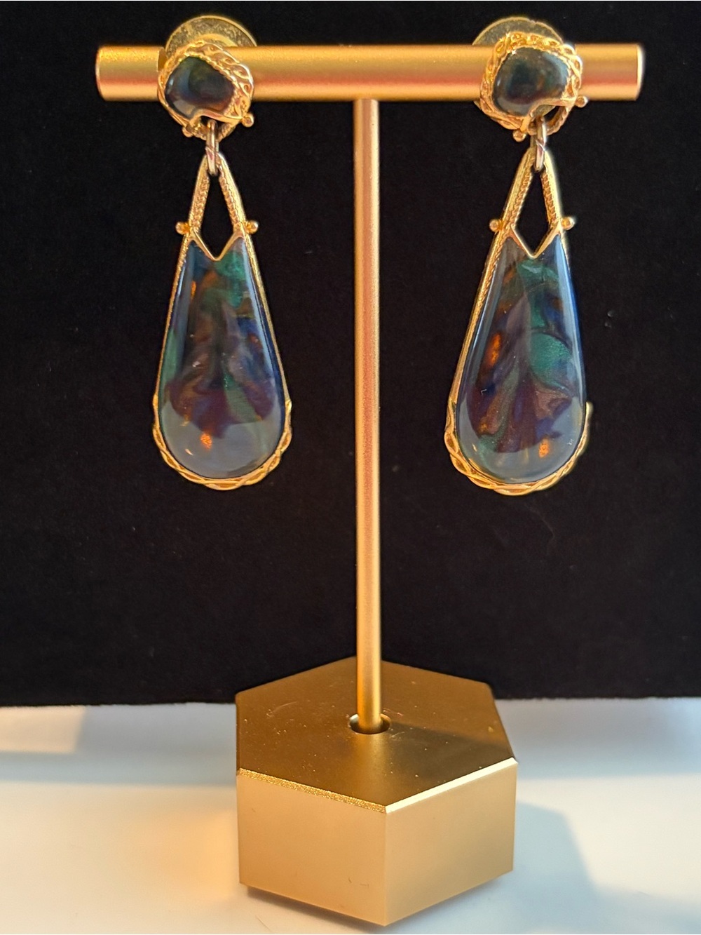 Vintage Berebi Gold Teardrop Multicolor Resin Dangle Earrings - Women Jewelry